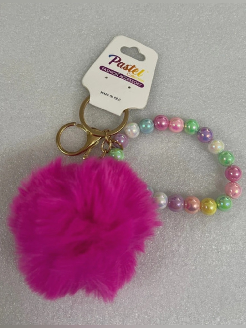 Pastels Pink Pom Pom Keychain with Multicolor Pearl Bead Bracelet